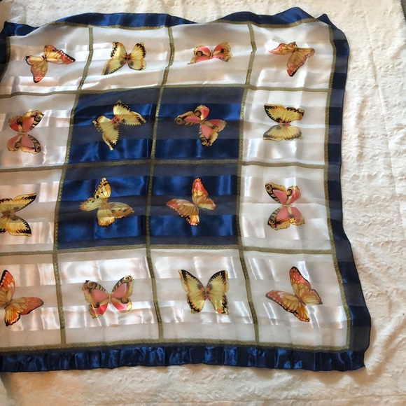 Accessories - Vintage silk blue and white butterfly scarf